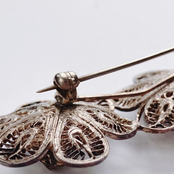 VTG Mid Century Brooch Silver Filigree Layered Floral Scrollwork Pin - Picture 7 of 10